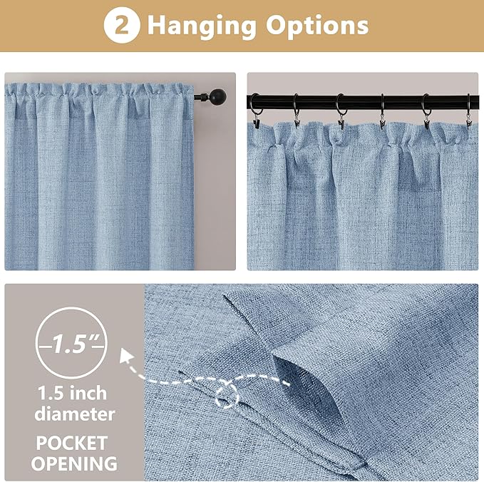OVZME Valance for Windows, Light Filtering Faux Linen Textured Small Kitchen Valances for Windows, Dual Rod Pocket Farmhouse Short Curtain for Bathroom Basement, 52Wx18L inch, 1 Piece, Demin Blue