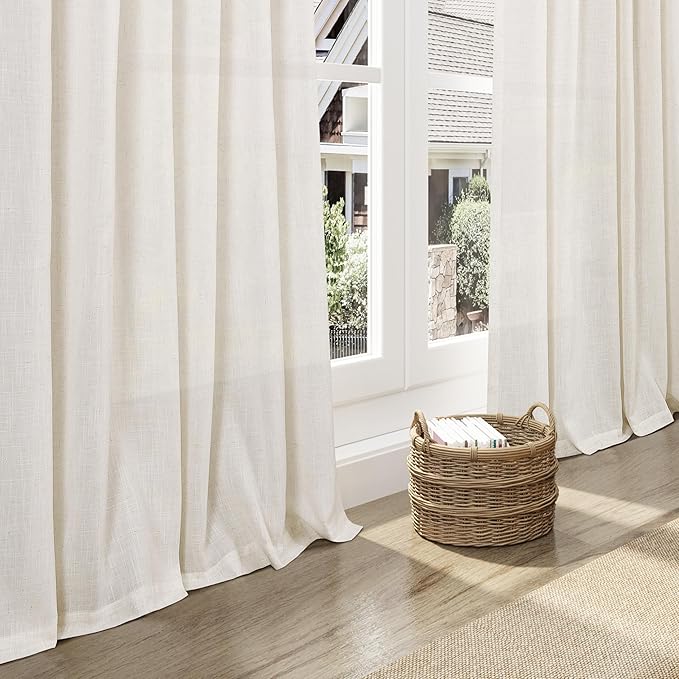 Nanspring Modern Linen Curtains for Living Room 80 Inches Long Light Filtering Semi Sheer Curtain Back Tab Neutral Luxury Modern Farmhouse Decor Linen Blend Drapes for Bedroom 52x80, 2 Panels