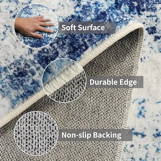 3x12 Washable Hallway Runner Rug: Non Slip Carpet Runners Easy-to-Clean - Soft Living Room Bedroom Kitchen Rugs - Thin Low Pile Printed Floor Mat for Dining Room Neutral Blue