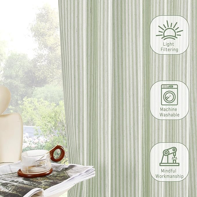 RYB HOME Sage Green Linen Kitchen Cafe Curtains 24 inch Length, Farmhouse Striped Tier Curtains for Living Room Bathroom Tickingstripe Short Window Rustic Pinstripe Valances, W26 x L24, 2 Panels