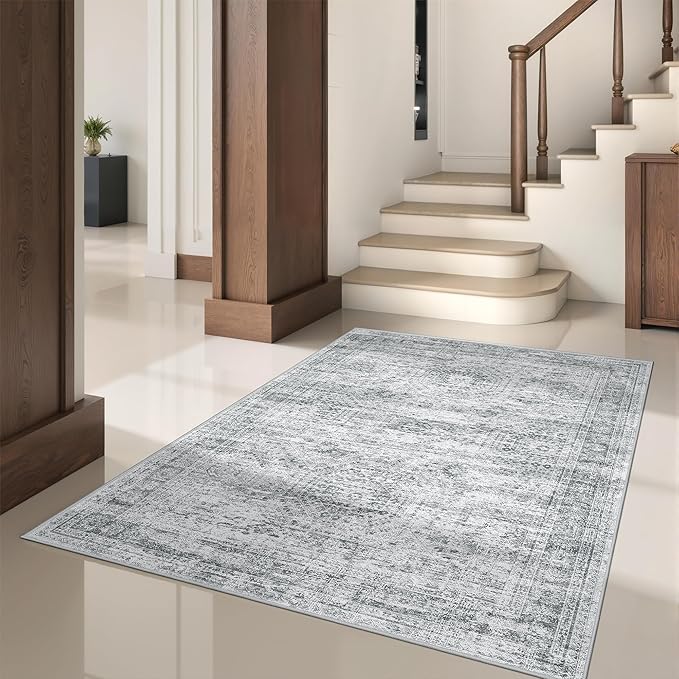 Area Rugs 4x6 for Living Room, Non-Slip Backing Small Kids Rugs for Bedroom, Vintage Abstract Rug Home Decor, Low Pile Soft Washable Rug for Kitchen, Dining Room (4'x6', Grey/Ivory)