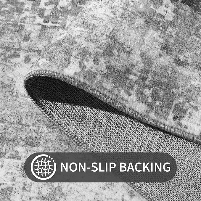 Living Room Rug 6x9 Gray Area Rug Machine Washable Boho Carpet Non Slip Abstract Vintage Indoor Large Rugs for Bedroom, Classroom, College Dorm, Farmhouse, Dining Room, Kids Playroom