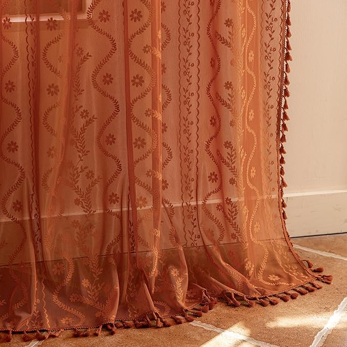 WAZZIO Boho Lace Curtains 105 Inch 2 Panels-Vintage Sheer Panel Drape Floral Pattern & Tassel Light Filtering Privacy for Bedroom Dining Living Room,Cottage Earthy Full Decor Terracotta,W52 x 105L