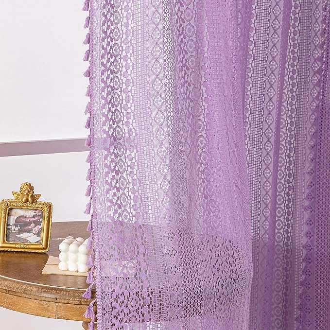 WAZZIO Boho Lace Curtains 84 Inches 2 Panel,Light Filtering Privacy Tassel & Geometry Crochet Semi Sheer Curtain Drapes for Bedroom Living Dining Room,Rod Pocket & Tassel,Lavender Purple
