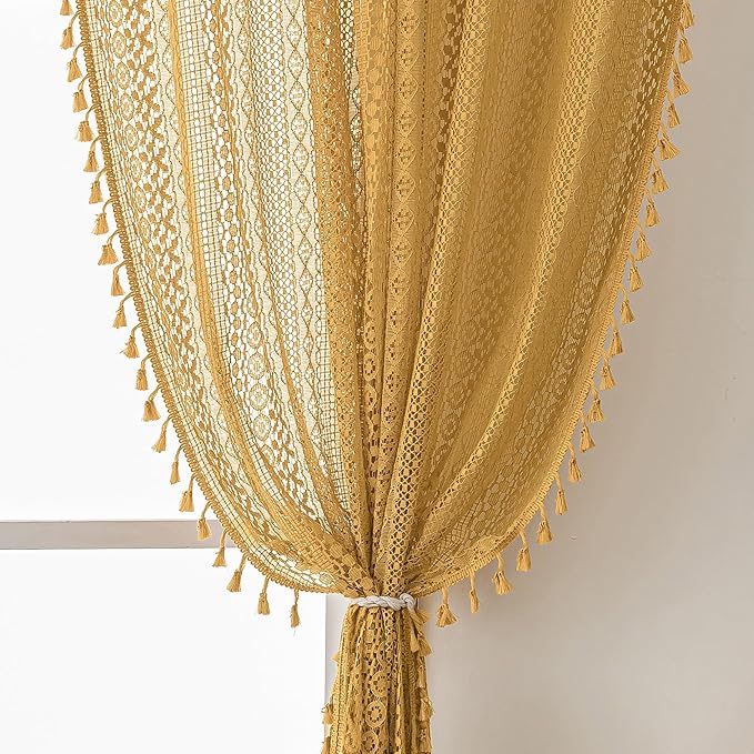 WAZZIO Boho Lace Curtains 108 Inches 2 Panel,Light Filtering Privacy Tassel & Geometry Crochet Semi Sheer Curtain Drapes for Bedroom Living Dining Room,Rod Pocket & Tassel,Mustard Yellow