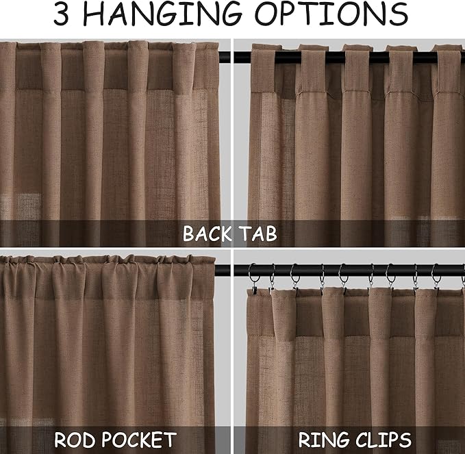 Nanspring Caramel Brown Linen Semi Sheer Curtains 72 Inches Long 2 Panels Set for Bedroom Back Tab Rod Pocket Light Filtering Privacy Drapes Cotton Textured Farmhouse Living Room Curtain 52X72