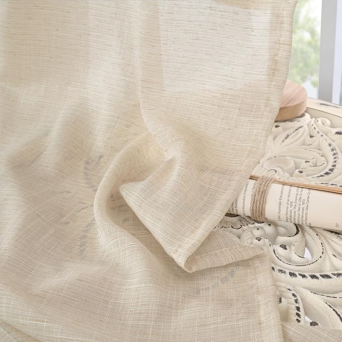 BGment Natutal Linen Cafe Curtains 30 Inch Length, Farmhouse Kitchen Window Drapes Semi Sheer with Rod Pocket Lightweight Textured for Bathroom Over Sink Decor, 2 Panels Set, 30 Inch Wide