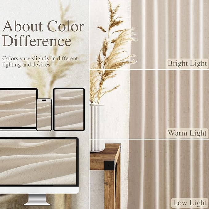 Nanspring Extra Long 120 Inch Curtains for Living Room Cream Beige Linen Light Filtering Semi Sheer Curtain Back Tab Modern Farmhouse Decor Floor to Ceiling High Window for Bedroom 52x120, 2 Panels