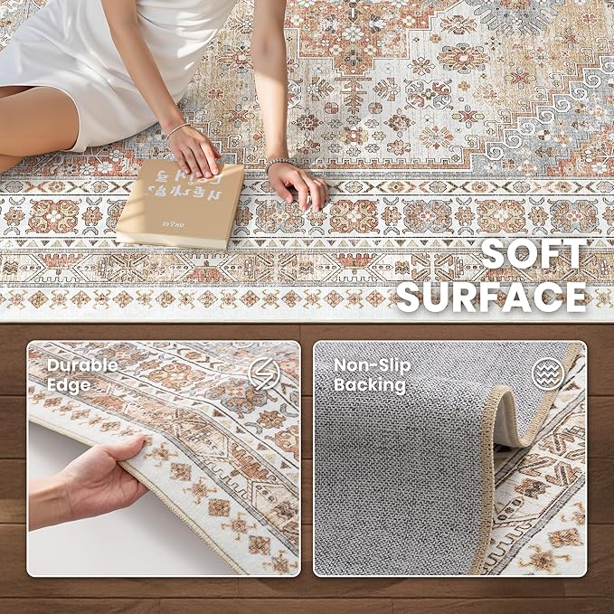 zesthome 2x3 Entryway Rug, Soft Washable Rugs, Non Slip Area Rug, Stain Resistant Low Pile Rugs for Bedroom, Vintage Rug for Door Mat, Kitchen (Orange,2'x3')