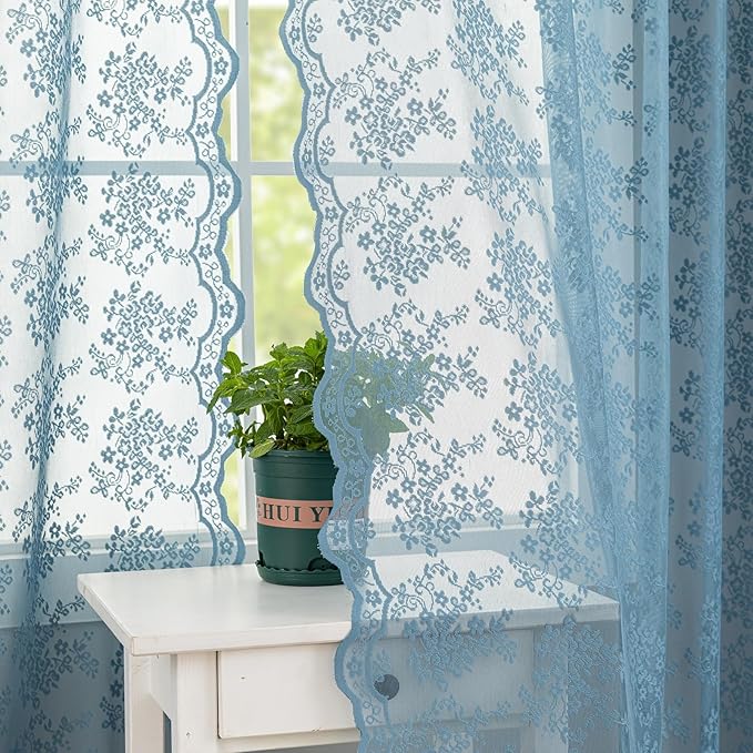 YJ YANJUN Vintage Lace Curtains 102 Inches Long-Victorian Floral Pattern Dusty Blue Boho Floor to Ceiling Sheer Curtain Panels Light-Filtering Rustic Farmhouse Neutral Decor 2 Panels 52W x 102L