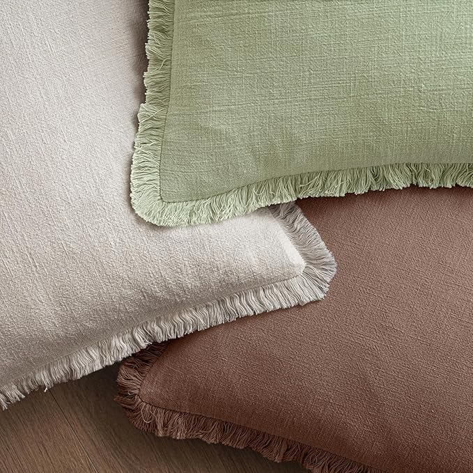 MIULEE Decorative Throw Pillow Covers Neutral Linen Fringe Throw Pillows Set of 2 Dark Coffee Boho Farmhouse Cushion Covers with Tassels for Couch Sofa Bed Living Room Spring Home Decor 18x18 Inch