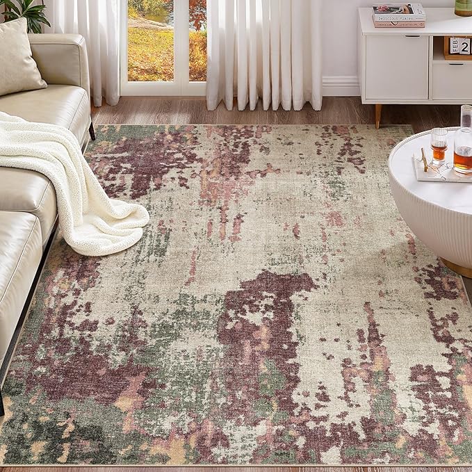 UERMEI 8x10 Area Rug Living Room Rugs - Washable Neutral Modern Abstract Soft Thin Rug Indoor Floor No Slip Rug Carpet for Bedroom Under Dining Table Home Office Decor - Purple/Green/Beige