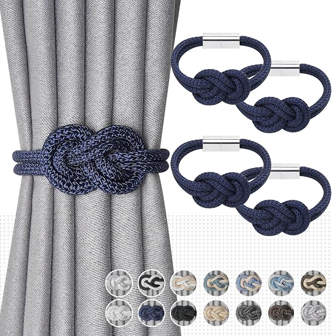 NICEEC 4 Pack Mini Magnetic Curtain Tiebacks Nordic Simple Style Drape Tie Backs Elegant Hand Weave Rope Knot Decorative Curtain Holdbacks for Home & Office Thin Window Drapery (Dark Blue)