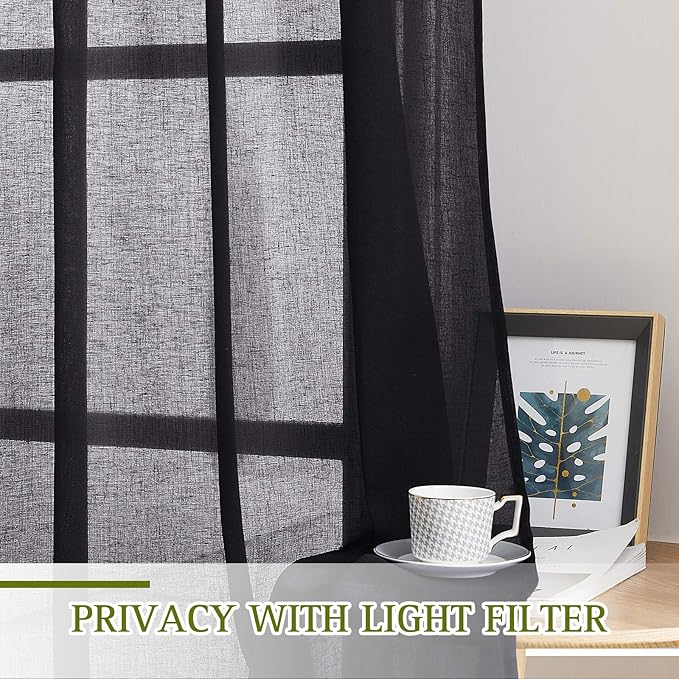NICETOWN Black Sheer Curtains for Bedroom, Grommet Linen Blend Semi Sheer Window Drapes Privacy Light Reducing Drapes for Boys Room, W36 x L63, 2 Panels