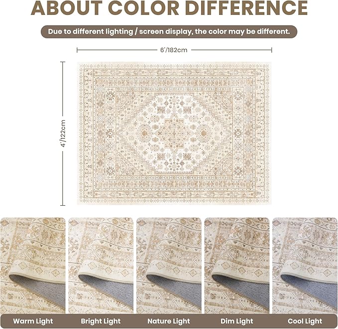 zesthome 4x6 Rug - Stain Resistant Washable Rug, Anti Slip Backing Rugs for Living Room, Foldable Vintage Small Area Rugs (Cream/Beige,4'x6')