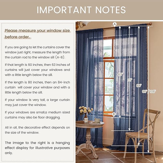 WAZZIO Boho Lace Curtains 84 Inches 2 Panel,Light Filtering Privacy Tassel & Geometry Crochet Semi Sheer Curtain Drapes for Bedroom Living Dining Room,Rod Pocket & Tassel,Navy Blue