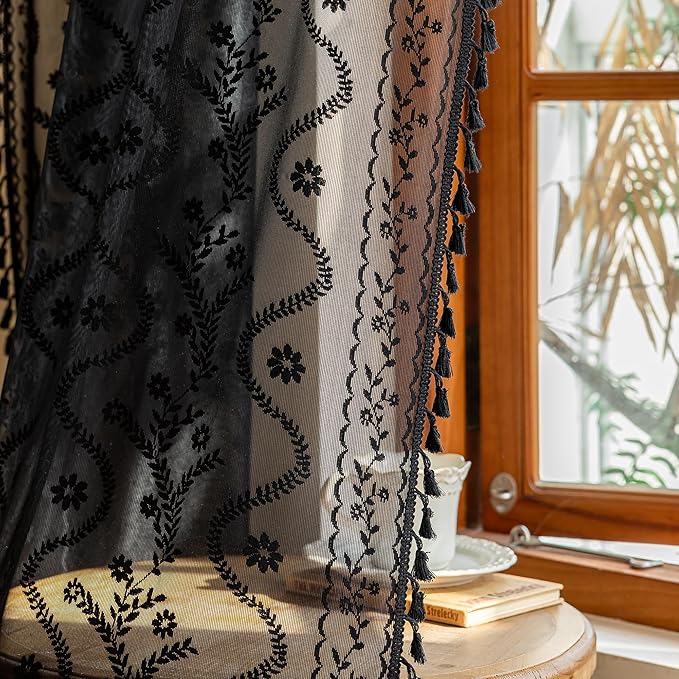 WAZZIO Boho Lace Curtains 84 Inch -Vintage Victorian Sheer Panel Drape Floral Pattern & Tassel Light Filtering Privacy for Bedroom Dining Living Room,Black Gothic Halloween Decor,2 Panels,W52 x 84L