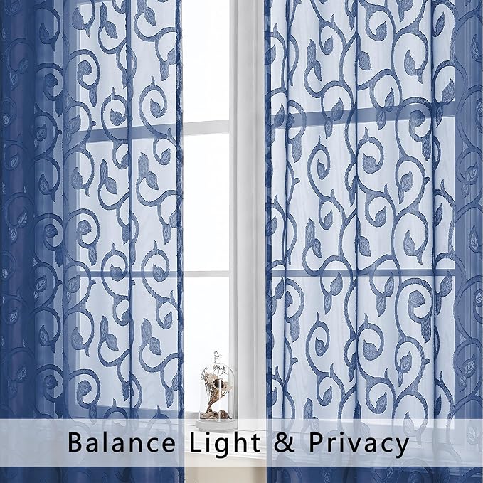 OWENIE Furman Blue Sheer Curtains 96 inches Long for Bedroom Living Room 2 Panels Set, Light Filtering Soft Semi Sheer Jacquard Clip Farmhouse Curtains Rod Pocket Design, 40Wx96L inch