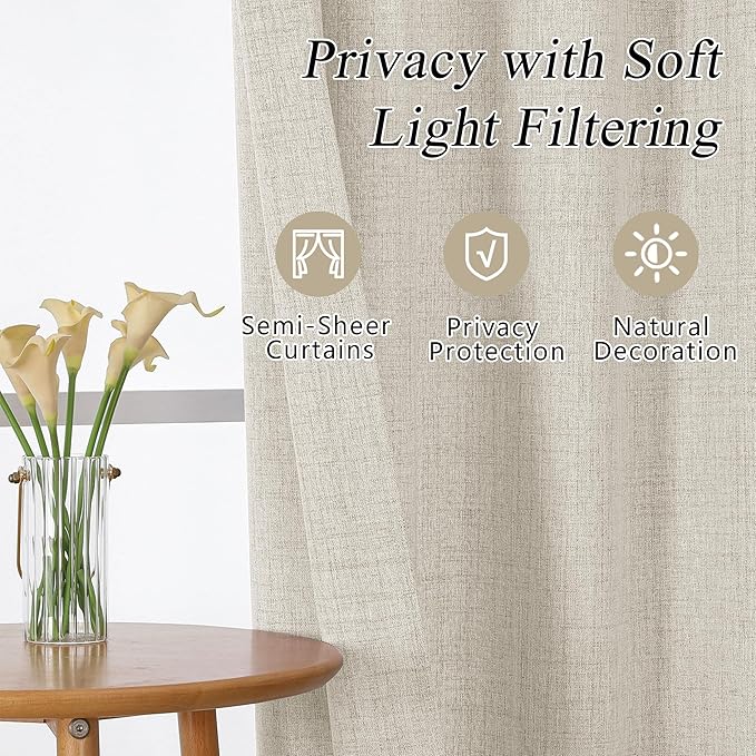 OVZME Natural Valance for Windows, Light Filtering Faux Linen Textured Small Kitchen Valances for Windows, Dual Rod Pocket Farmhouse Short Curtain for Bathroom Basement, 60Wx24L inch, 1 Piece