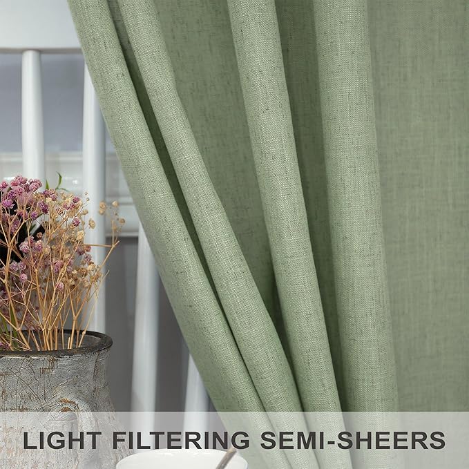 Light Sage Curtains 84 Inch Length for Living Room 2 Panels Set Back Tab Pocket Drapes Sheer Linen Textured Lightweight Filtering Light Green Curtains for Bedroom Rustic Boho Farmhouse Decor 7 FT Long