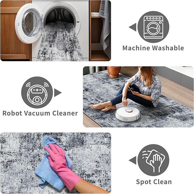 2x5 Washable Runner Rug for Hallway: Non Slip Entryway Runners Rugs Easy-to-Clean - Soft Living Room Bedroom Carpet - Thin Low Pile Floor Mat for Dining Room Black Grey