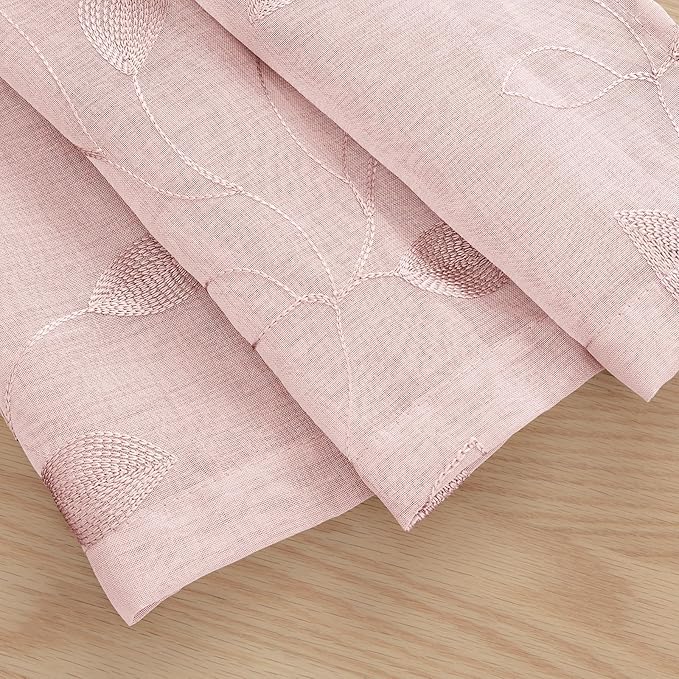 HOMEIDEAS Blush Pink Sheer Kitchen Curtains 30 X 24 Inch Length 2 Panels Embroidered Leaf Pattern Short Bathroom Window Curtains for Small Window Valance Tiers