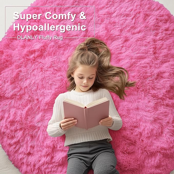 OLANLY Hot Pink Round Rugs for Bedroom - Machine Washable, 7 ft Circle Area Rugs for Living Room, Soft and Fluffy Shaggy Carpet for Teen Girls and Boys, Nursery Rooms, Dorms, Home Decor Aesthetic