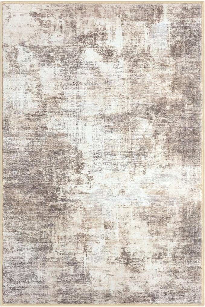 IOHOUZE Abstract Area Rugs 6x9 Ft Washable Rugs for Living Room, Non Slip Dining Room Rug Printed Faux Wool Rugs for Bedroom, Floor Carpet for Office Nursery Playroom, Beige Brown