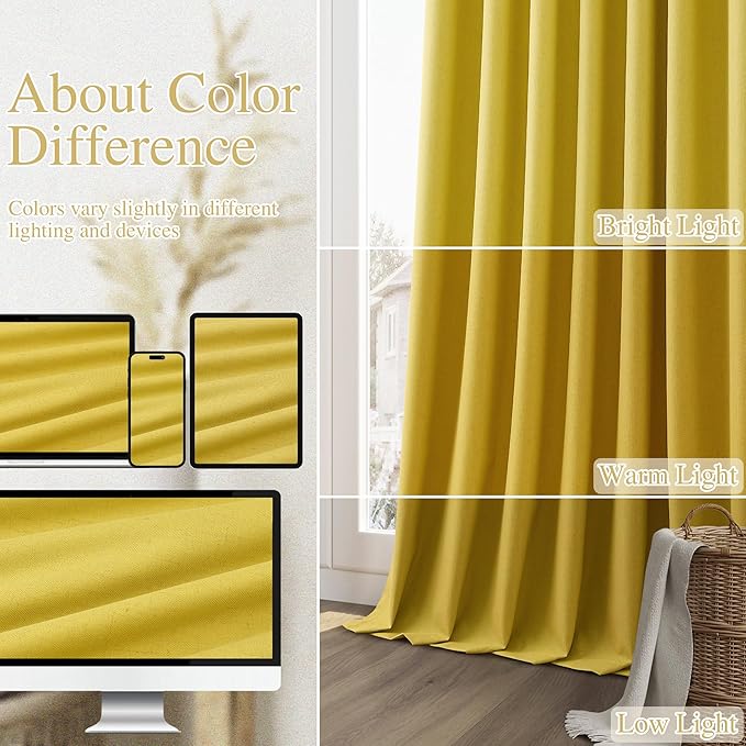 Guken 100% Blackout Curtains 90 Inch Length 2 Panels Set for Living Room Bedroom Back Tab Thermal Insulated Black Out Linen Drapes Room Darkening Celery Yellow,52x90