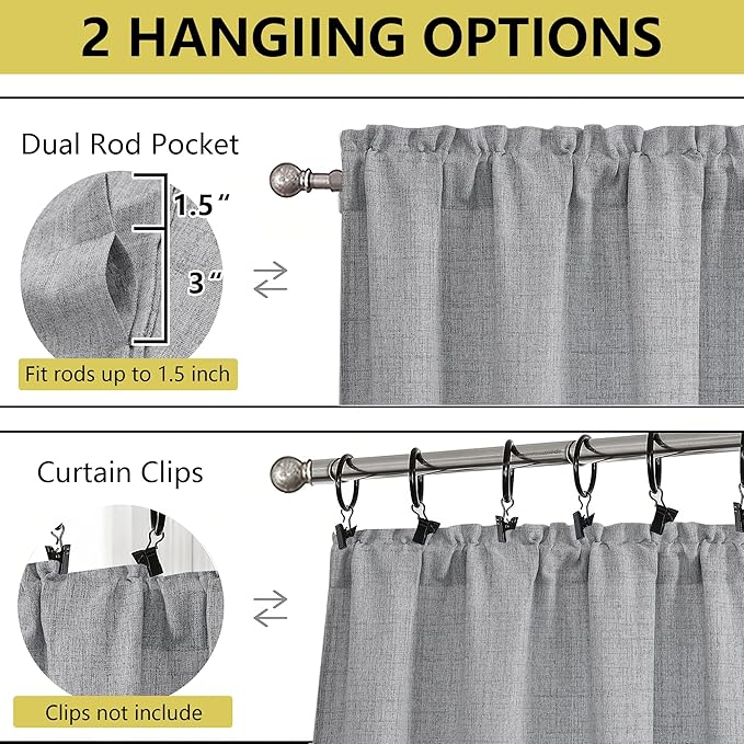 Grey Valances for Windows, Light Filtering Faux Linen Textured Small Short Window Curtain for Bathroom Basement Farmhouse, Rod Pocket Top Half Curtains for Windows, 60Wx14L Inch
