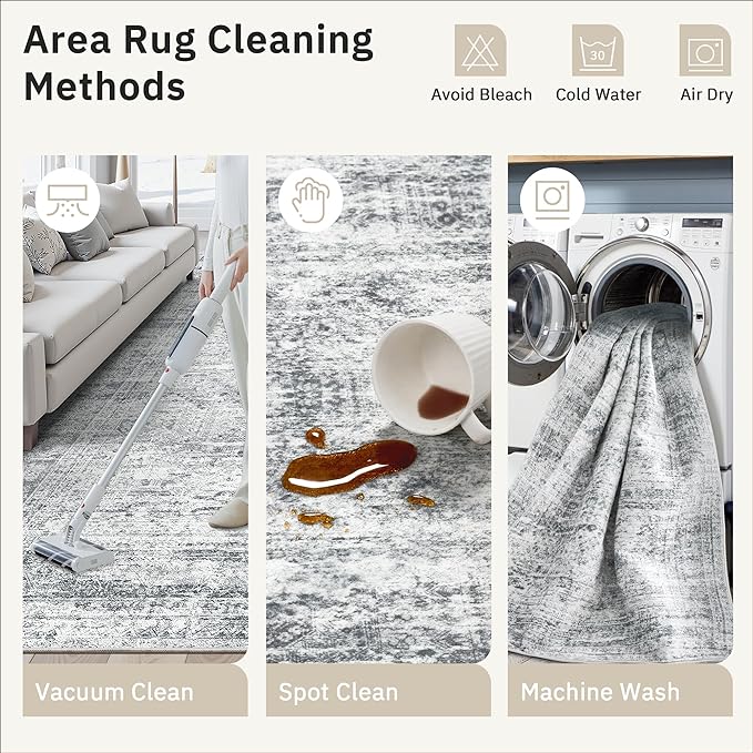 7x9 Area Rug for Living Room Washable Abstract Vintage Soft Thin Indoor Floor Non-Slip Carpet for Bedroom Dining Room Grey