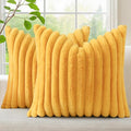 decorUhome Summer Cozy Faux Fur Throw Pillow Covers 22x22 Set of 2 Decorative Plush Striped Modern Farmhouse Boho Couch Euro Sham Pillow Cases with Velvet Back for Sofa Bed Living Room, Mustard Yellow