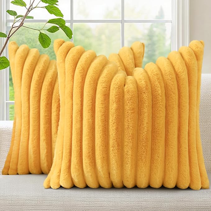 decorUhome Summer Cozy Faux Fur Throw Pillow Covers 18x18 Set of 2 Decorative Soft Plush Striped Modern Farmhouse Boho Couch Pillow Cases with Velvet Back for Sofa Bed Living Room, Mustard Yellow
