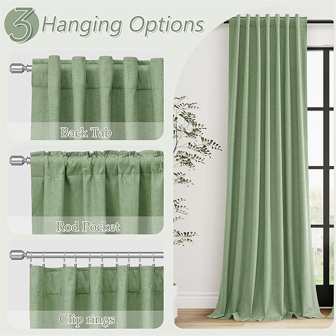 Guken 100% Blackout Linen Curtains 84 Inch Length 2 Panels Set for Living Room Bedroom Back Tab Thermal Insulated Black Out Linen Drapes Room Darkening Window Curtains 84 Inches Long,Light Sage