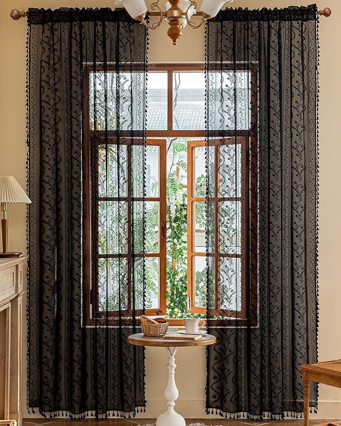 WAZZIO Boho Lace Curtains 84 Inch -Vintage Victorian Sheer Panel Drape Floral Pattern & Tassel Light Filtering Privacy for Bedroom Dining Living Room,Black Gothic Halloween Decor,2 Panels,W52 x 84L
