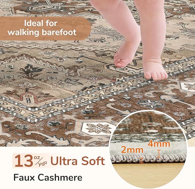 OPPODREAM Soft Area Rugs 3x5, Washable Rugs with Non Slip Backing, Low-Pile Throw 3x5 Carpet, Faux Cashmere 3 x 5 Carpet, Brown
