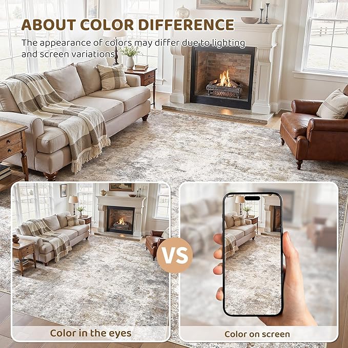 UERMEI 12x15 Area Rug Living Room Rugs - Washable Neutral Modern Abstract Soft Thin Large Rug Indoor Floor No Slip Rug Carpet for Bedroom Under Dining Table Home Office Decor - Brown Grey