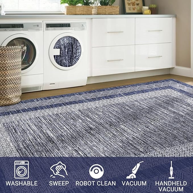 GarveeHome 10x13 Large Washable Geometric Area Rug Non Slip Non Shedding Floor Carpet, Modern Bordered Distressed Navy Blue Indoor Printed Rug for Living Room, Bedroom, Office
