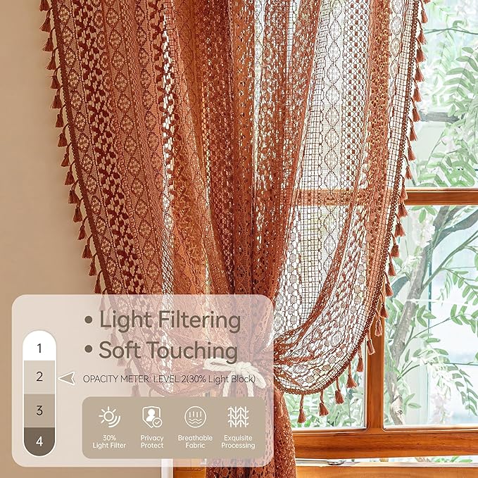 WAZZIO Boho Lace Curtains 80 Inches 2 Panel,Light Filtering Privacy Tassel & Geometry Crochet Semi Sheer Curtain Drapes for Bedroom Living Dining Room,Rod Pocket & Tassel,Full Decor,Burnt Orange