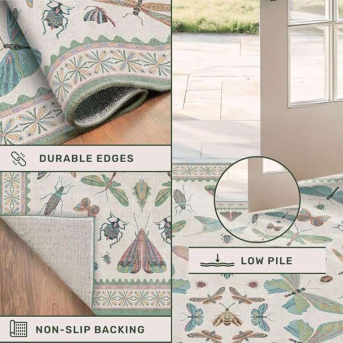Hazo Haus Green and Blue Nursery Rug 5x8 - Washable Soft Area Rugs for Bedroom Under Bed, Living Room, Vintage Floral Butterfly Fun Indoor Floor Decor
