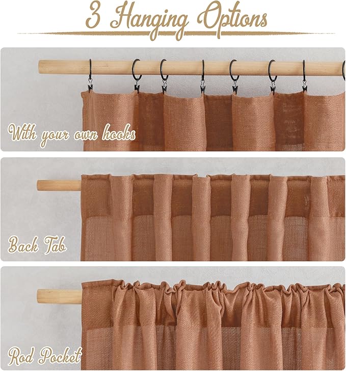 NICETOWN Linen Caramel Curtains & Drapes Privacy with Light Filtering, Rod Pocket & Back Tab Flax Linen Burlap Window Treatments Vertical Drapes for Bedroom/Living Room, W52 x L84, 2 Panels