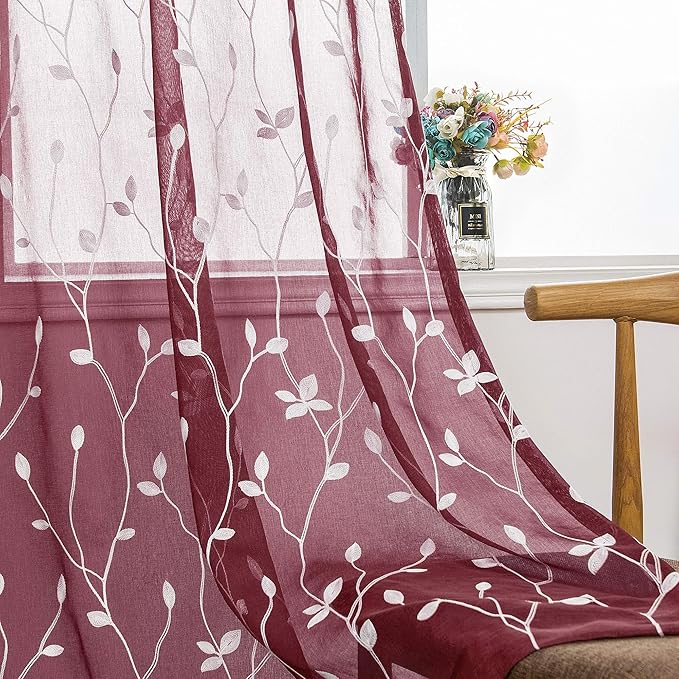 AmHoo 2 Panels Embroidered Leaf Pattern Semi Sheer Curtains Foliage Floral Voile Window Draperies Treatment for Bedroom Living Room Rod Pocket Burgundy Red 53 x 95 Inch
