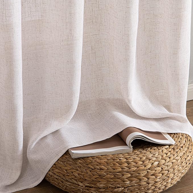 MIULEE Natural White Linen Curtains 48 Inch Long for Bedroom Living Room, Soft Thick Linen Textured Window Drapes Semi Sheer Light Filtering Rod Pocket Back Tab Neutral Farmhouse Cream Ivory 2 Panels