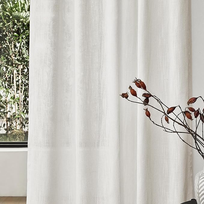 MYSKY HOME Extra Long Curtains for Living Room, Soft Cotton Fabric Boho Window Curtain Drapes Light Filtering Semi Sheer Backdrop Panels, Beige White, 50 x 108 Inches, 2 Pieces