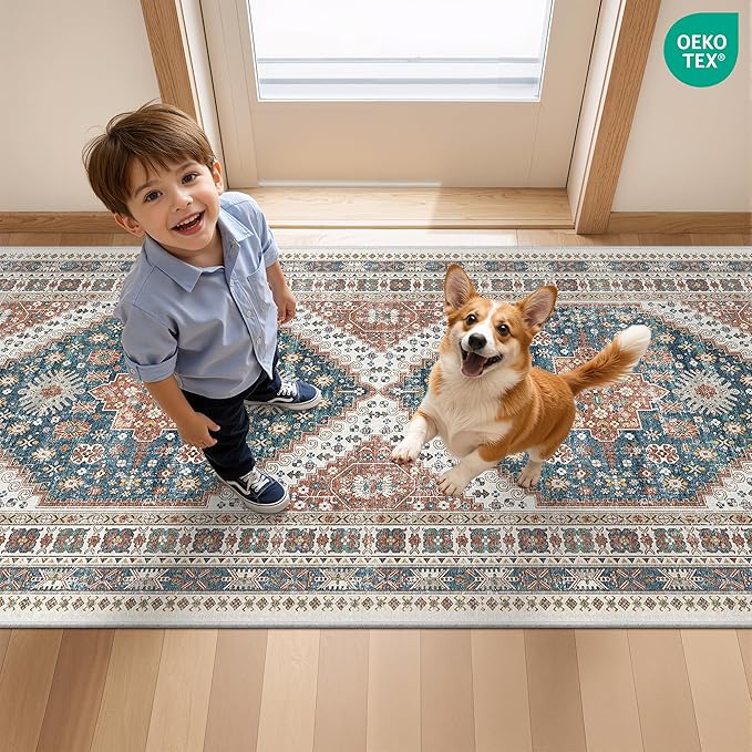 Entryway Rug - 2x3 Washable Rug Runner for Bathroom, Laundry Room, Kitchen, Soft Vintage Hallway Runner for Bedroom, Non-Slip Door Mat Indoor Entrance(Blue/Red,2'x3')