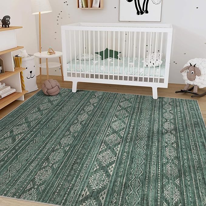 Nakagishi 7x9 Area Rugs Living Room: Washable Boho Large Neutral Soft Farmhouse Rug Stain Resistant Modern Indoor Floor Non-Slip Carpet for Bedroom Nursery Kids Playroom Office Dining Room Dorm- Green