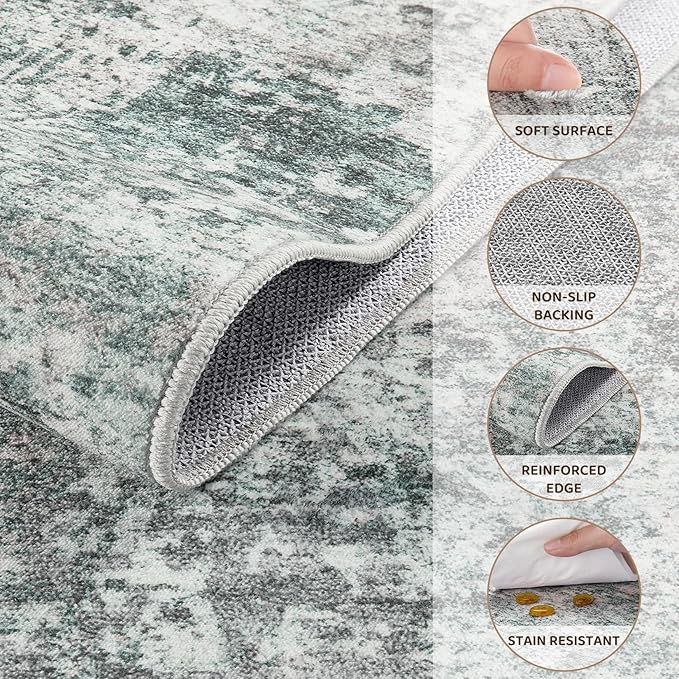 UERMEI 9x12 Area Rug Living Room Rugs - Washable Neutral Modern Abstract Soft Thin Large Rug Indoor Floor No Slip Rug Carpet for Bedroom Under Dining Table Home Office Decor - Green/Grey