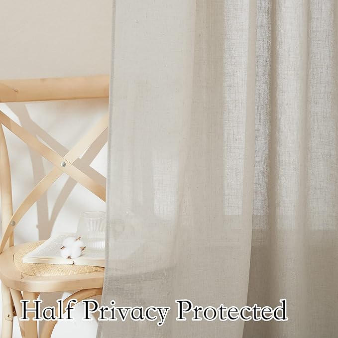 RYB HOME Sheer Curtains for Cafe - Linen Textured Wave Pattern Semi Sheer Curtains for Living Room Dining Kids Nursery Morden Window Frame Decor, Angora, 52 x 45 inches Length, 1 Pair