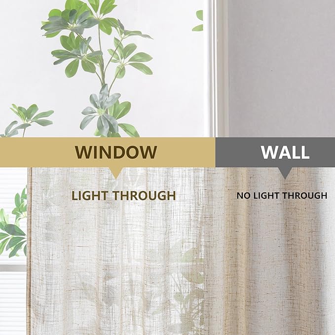 MYSKY HOME Kitchen Semi Sheer Linen Curtains 24 Inch Long, Light Filtering Window Panels Rod Pocket Valance Neutral Drapes for Small Window/Cafe/Bathroom Basement, Linen, 2 Panels, 34 x 24 Inch