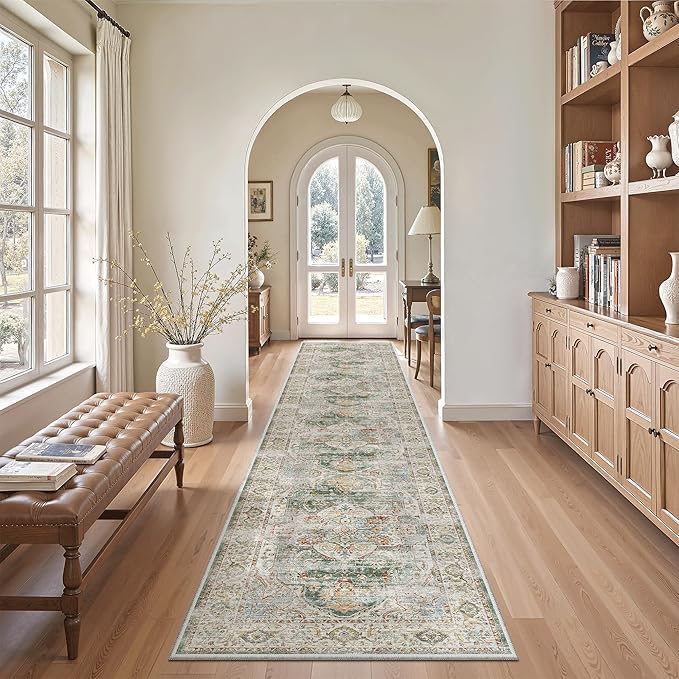 Madane Runner Rugs for Hallway 2x10 Long Washable Non-Slip Hallway Runner Rug Low-Pile Stair Kitchen Runner Soft Throw Carpet for Entrance Living Dining Laundry Room (Green, 2 x 10)